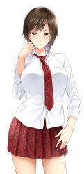 Rule 34 | 1girl, breasts, brown eyes, brown hair, collared shirt, large breasts, necktie, original, pleated skirt, red necktie, red skirt, school uniform, shiki takuto, shirt, skirt, smile, solo, white shirt