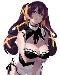 Rule 34 | 1girl, black panties, breast hold, breasts, cleavage, cleavage cutout, clothing cutout, covered erect nipples, hair ribbon, holding own arm, large breasts, long hair, maid, original, panties, purple hair, red eyes, ribbon, sasaoka gungu, see-through, side-tie panties, simple background, solo, twintails, underwear, unfinished, white background