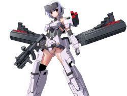 Rule 34 | 10s, 1girl, assault rifle, character request, cleft of venus, clitoris slip, frame arms girl, gun, hat, looking at viewer, purple hair, pussy, pussy peek, red eyes, revealing clothes, rifle, sasayuki, short hair, simple background, solo, weapon