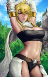 Rule 34 | 1girl, 2017, akame ga kill!, armpits, arms up, belt, black panties, blue sky, breasts, cleavage, cloud, cloudy sky, cowboy shot, dated, day, detached sleeves, deviantart username, fang, fang out, female focus, fingernails, forest, hair between eyes, highres, large breasts, leone (akame ga kill!), looking at viewer, matching hair/eyes, midriff, nature, navel, one eye closed, open pants, outdoors, panties, pants, patreon username, pink lips, realistic, scarf, sciamano240, short hair with long locks, signature, sky, smile, solo, stomach, strapless, stretching, tree, tube top, underwear, watermark, web address, white pants, white scarf, wink, yellow eyes