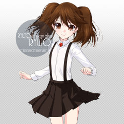 Rule 34 | 1girl, artist name, black skirt, brown hair, character name, checkered background, closed mouth, commentary request, cowboy shot, dress shirt, flat chest, gradient background, grey background, inaba shiki, kantai collection, long hair, long sleeves, looking at viewer, magatama, red shirt, ryuujou (kancolle), shirt, skirt, solo, standing, suspender skirt, suspenders, twintails, white shirt