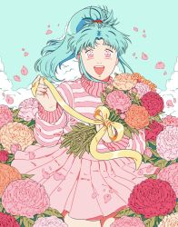 Rule 34 | 1girl, artist name, blue hair, botan (yu yu hakusho), cloud, devdeyl, flower, highres, leaf, long hair, open mouth, orange flower, parted bangs, petals, pink eyes, pink flower, pink skirt, plant, pleated skirt, ponytail, red flower, ribbon, skirt, smile, solo, striped clothes, striped sweater, sweater, yellow flower, yellow ribbon, yuu yuu hakusho