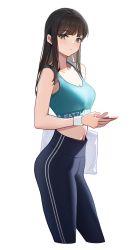 Rule 34 | 1girl, bag, bare shoulders, bra, breasts, brown eyes, brown hair, cellphone, cleavage, closed mouth, collarbone, cropped legs, fatzhai, from side, green bra, high-waist pants, highres, holding, holding phone, jacket, long hair, looking at viewer, medium breasts, midriff, navel, original, pants, phone, sidelocks, simple background, smartphone, solo, sports bra, track jacket, underwear, white background