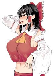 Rule 34 | 1girl, armpits, ascot, asuzemu, black hair, blush, bow, breasts, brown eyes, detached sleeves, frilled shirt collar, frills, hair tubes, hakurei reimu, hand on own head, highres, large breasts, long hair, looking to the side, messy hair, navel, nontraditional miko, open mouth, red ribbon, red shirt, ribbon, shirt, sideboob, sleeveless, sleeveless shirt, solo, touhou, white background