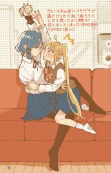 Rule 34 | 2girls, ahoge, between legs, black pantyhose, black ribbon, blonde hair, blue hair, blue skirt, blush, bocchi the rock!, bow, bowtie, brown sweater vest, closed mouth, collared shirt, commentary, couch, hand on another&#039;s arm, hand on another&#039;s waist, highres, hina leo, holding, ijichi nijika, indoors, juice box, multiple girls, neck ribbon, on couch, pantyhose, pleated skirt, red bow, red bowtie, ribbon, school uniform, shimokitazawa high school uniform, shirt, short hair, side ponytail, skirt, socks, sweatdrop, sweater vest, translation request, white shirt, white socks, yamada ryo, yellow eyes, yuri