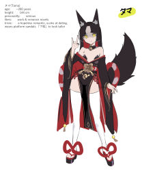 Rule 34 | 1girl, animal ears, bell, black kimono, character age, character name, character sheet, colored inner hair, contrapposto, flower knot, fox ears, fox shadow puppet, fox tail, hand up, height, highres, japanese clothes, jingle bell, kimono, long hair, looking at viewer, milim nova, multicolored hair, neck bell, original, parted bangs, parted lips, pasties, pelvic curtain, platform footwear, sandals, sash, simple background, tail, tama (milim nova), thighhighs, white background, white thighhighs, yellow eyes
