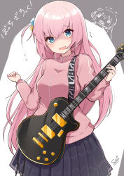 Rule 34 | 1girl, ^^^, black skirt, blue eyes, bocchi the rock!, breasts, chibi, chibi inset, commentary request, cube hair ornament, electric guitar, flying sweatdrops, gotoh hitori, grey background, guitar, hair between eyes, hair ornament, holding, holding instrument, instrument, jacket, long hair, medium breasts, multiple views, one side up, open mouth, pink hair, pink jacket, pleated skirt, shaded face, skirt, sou (soutennkouchi), sweat, track jacket, translation request, turn pale, two-tone background, very long hair, white background