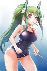 Rule 34 | 1girl, blush, breasts, competition school swimsuit, cowboy shot, green hair, headgear, highres, large breasts, long hair, looking at viewer, menou kaname (taishi), mouth hold, one-piece swimsuit, original, ponytail, popsicle stick, purple eyes, school swimsuit, solo, swimsuit, taishi (picchiridou)