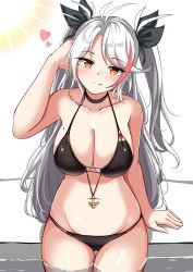 Rule 34 | 1girl, absurdres, adjusting hair, anchor, azur lane, bikini, black bikini, blush, breasts, cleavage, heart, highres, large breasts, looking at viewer, mole, mole on breast, moyoron, official alternate costume, prinz eugen (azur lane), prinz eugen (unfading smile) (azur lane), shiny skin, smile, solo, swimsuit, twintails, water, white hair