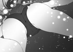 Rule 34 | 10s, 1girl, ass, bubble, fat mons, from below, greyscale, hair ribbon, i-19 (kancolle), kantai collection, long hair, monochrome, ribbon, school swimsuit, solo, swimsuit, tri tails, underwater, yua (checkmate)