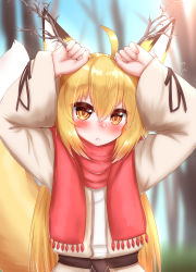 Rule 34 | 1girl, :&lt;, ahoge, animal ear fluff, animal ears, antlers, arms up, beige dress, blonde hair, blurry, blurry background, blush, fang, fang out, fox ears, fox girl, fox tail, hair between eyes, highres, holding, holding stick, horns, horokusa (korai), korai (horokusa), long hair, long sleeves, orange eyes, original, red scarf, scarf, solo, standing, stick, tail, tail raised, upper body, wide sleeves