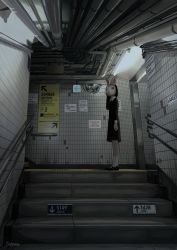 Rule 34 | 1girl, absurdres, arms at sides, black dress, black footwear, black hair, dress, female focus, highres, mask, no reflection, original, rabbit mask, railing, sebone dead, shoes, sign, smoking pipe, socks, solo, stairs, standing, tile wall, tiles