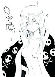 Rule 34 | &gt;:&lt;, 00s, 1girl, :&lt;, alternate hair color, bad id, bad pixiv id, bed sheet, blanket, breasts, censored, closed mouth, convenient censoring, eyelashes, hand on own hip, hip focus, komori kiri, long hair, monochrome, naked sheet, navel, nude, sayonara zetsubou sensei, shanghai man, simple background, skull, skull and crossbones, small breasts, solo, sparkle, standing, text focus, translation request, v-shaped eyebrows