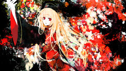 Rule 34 | 1girl, abstract background, album cover, black dress, blonde hair, chinese clothes, cover, dress, expressionless, hair between eyes, hand up, hat, highres, junko (touhou), long hair, long sleeves, looking at viewer, phoenix crown, red eyes, red tabard, ruuya higashino, solo, swept bangs, tabard, takamachi walk, touhou, very long hair, wide sleeves