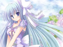 Rule 34 | 00s, 1girl, 2007, artist request, blue eyes, blue hair, blush, bow, character request, cloud, copyright request, dress, female focus, hair bow, hair ornament, hair ribbon, highres, lace, lace-trimmed dress, lace ribbon, lace trim, long hair, looking at viewer, matching hair/eyes, ribbon, sky, solo, source request, straight hair, tree, v arms, very long hair