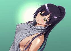 Rule 34 | 1girl, backless dress, backless outfit, bare arms, bare shoulders, black hair, blush, breasts, dress, earrings, from above, idolmaster, idolmaster shiny colors, jewelry, kijinaka mahiro, large breasts, long hair, looking at viewer, meme attire, ponytail, ribbed sweater, shirase sakuya, sideboob, solo, sweater, sweater dress, turtleneck, turtleneck sweater, virgin killer sweater, yellow eyes