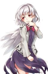 Rule 34 | 1girl, bow, bowtie, covering own mouth, cowboy shot, dress, hand up, highres, jacket, kishin sagume, long sleeves, looking to the side, oborofu, open clothes, open jacket, purple dress, red bow, red bowtie, red eyes, short hair, simple background, single wing, solo, touhou, white background, white hair, white wings, wings