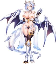 Rule 34 | 1girl, adelina, ai～ izyou naru kuusou sekai～, armor, bare shoulders, breasts, cape, claws, cleavage, crossed legs, dmm, game cg, highres, horns, huge breasts, large breasts, midriff, pale skin, pointy ears, scales, short hair, solo, tail, thighhighs, tiara, white hair, wings