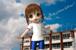 Rule 34 | 1girl, 3d, bike shorts, child, cloud, kill me baby, looking at viewer, open mouth, oribe yasuna, outdoors, sky, solo, tagu-2