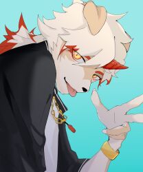 Rule 34 | 1boy, arknights, axianorange, black jacket, blue background, chain, chain necklace, chinese commentary, colored tips, commentary, furry, furry male, highres, horns, hung (arknights), jacket, jewelry, komainu boy, komainu ears, male focus, multicolored hair, necklace, orange eyes, ponytail, shirt, single horn, smile, tongue, tongue out, v, white shirt