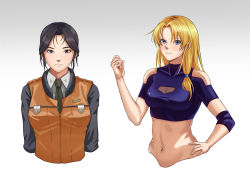 Rule 34 | 2girls, absurdres, black hair, blonde hair, blue eyes, breasts, brown eyes, character request, cleavage cutout, closed mouth, clothing cutout, collared shirt, crop top, cropped torso, crossover, densetsu no yuusha no densetsu, fax61209, ferris eris, gradient background, green neckwear, grey background, hair intakes, hand on own hip, highres, kidou keisatsu patlabor, long hair, looking at viewer, medium breasts, midriff, multiple girls, navel, necktie, shirt, short hair, smile, stomach, white background, white shirt, wing collar