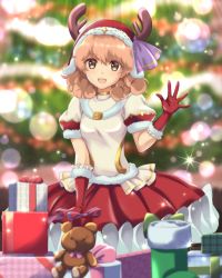 Rule 34 | 1girl, :d, alternate costume, antlers, backlighting, bloom, blurry, blurry background, bow, box, brown eyes, christmas, christmas tree, commission, depth of field, dress, fake antlers, fire emblem, fire emblem echoes: shadows of valentia, genny (fire emblem), gift, gift box, gloves, hat, highres, horns, kakiko210, lens flare, light particles, nintendo, open mouth, pink hair, red gloves, red skirt, reindeer antlers, santa hat, short sleeves, skeb commission, skirt, smile, socks, solo, stuffed animal, stuffed toy, white dress