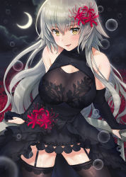 Rule 34 | 1girl, absurdres, bare shoulders, black dress, black gloves, black thighhighs, blush, breasts, crescent moon, dress, elbow gloves, fate/grand order, fate (series), field, flower, flower field, garter straps, gloves, highres, jeanne d&#039;arc (fate), jeanne d&#039;arc alter (avenger) (fate), jeanne d&#039;arc alter (fate), large breasts, looking at viewer, moon, night, night sky, noixen, open mouth, partially fingerless gloves, silver hair, sky, smile, solo, spider lily, thighhighs, thighs, yellow eyes