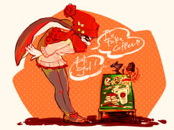 Rule 34 | 1girl, beanie, black pantyhose, brown background, callie (splatoon), cat, closed eyes, coffee, english text, fangs, from side, full body, hat, heart, inkling, leaning forward, legs, long hair, long sleeves, miniskirt, nintendo, open mouth, pantyhose, pointy ears, polka dot, polka dot background, red hat, red scarf, red skirt, scarf, seto (asils), sketch, skirt, smile, solo, splatoon (series), splatoon 1, spoken heart, standing, sweater, tentacle hair, white sweater