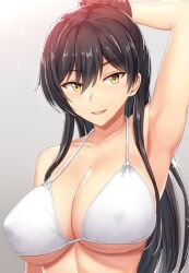 Rule 34 | 1girl, arm up, armpits, bare shoulders, bikini, black hair, blush, breasts, cleavage, collarbone, covered erect nipples, earrings, gradient background, grey background, hair between eyes, high ponytail, idolmaster, idolmaster shiny colors, jewelry, large breasts, long hair, looking at viewer, open mouth, ponytail, shin&#039;yashiki, shirase sakuya, simple background, smile, solo, sparkle, sweat, swimsuit, underboob, upper body, white bikini, yellow eyes