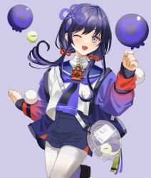 Rule 34 | 1girl, ;d, absurdres, blue background, blue hair, blue jacket, blue sailor collar, blue shorts, fangs, grey eyes, hand up, highres, jacket, pantyhose under shorts, long hair, long sleeves, low twintails, multicolored hair, nijisanji, one eye closed, open clothes, open jacket, open mouth, pantyhose, ponto nei, puffy long sleeves, puffy sleeves, purple hair, sailor collar, shirt, short shorts, shorts, simple background, smile, solo, tsumetsume zerii, twintails, two-tone hair, virtual youtuber, white pantyhose, white shirt