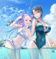 Rule 34 | 3girls, artist name, bikini, black ribbon, blue bikini, blue eyes, blue nails, blue sky, blunt bangs, breasts, cellphone, cleavage, closed eyes, cloud, commentary request, cowboy shot, day, earrings, facing away, fingernails, frilled bikini, frills, green one-piece swimsuit, hair ribbon, hand up, highres, jewelry, kotosuzu, large breasts, long hair, looking at viewer, multiple girls, nail polish, navel, necklace, one-piece swimsuit, one eye closed, open mouth, original, outdoors, parted bangs, phone, pink bikini, purple hair, resolution mismatch, ribbon, sky, small breasts, smartphone, smartphone case, smile, source smaller, splashing, swimsuit, teeth, upper teeth only, very long hair, water, white hair, yellow eyes