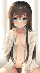 1girl absurdres black_hair black_panties blue_eyes blush borrowed_clothes bow bow_panties breasts collared_shirt hair_ribbon highres hisui_(user_zvkr2432) long_hair long_sleeves looking_at_viewer naked_shirt navel no_bra open_clothes open_shirt panties ribbon shirt small_breasts solo thighs underwear white_shirt yahari_ore_no_seishun_lovecome_wa_machigatteiru. yukinoshita_yukino