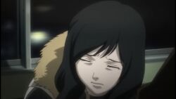 Rule 34 | 1girl, background character, bad tag, black hair, close-up, closed eyes, death note, embarrassed, face, frown, scared, screencap, solo, train interior