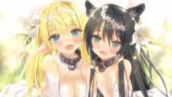 Rule 34 | 10s, 2girls, animal ears, aqua eyes, black hair, blonde hair, blue eyes, blurry, blurry background, blush, breasts, bride, cat ears, cleavage, collar, detached collar, dress, elbow gloves, elf, fang, flat chest, flower, gloves, green eyes, hair flower, hair ornament, hair ribbon, hairband, happy, highres, isekai maou to shoukan shoujo no dorei majutsu, large breasts, lily (flower), long hair, looking at viewer, multiple girls, no bra, official art, open mouth, pointy ears, rem galleu, ribbon, shera l. greenwood, smile, tsurusaki takahiro, upper body, wedding dress, white gloves, white hairband, white ribbon