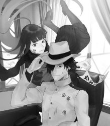 Rule 34 | 1boy, 1girl, adjusting clothes, adjusting headwear, chair, closed mouth, dirty, dirty clothes, facial mark, fate/grand order, fate (series), fedora, floating, floating hair, gloves, greyscale, hair over one eye, hand up, hat, long hair, long sleeves, looking at viewer, monochrome, office chair, one eye covered, oryou (fate), pantyhose, paw print, ponytail, sakamoto ryouma (fate), sankomichi, scarf, sitting, skirt, smile, sweat, swivel chair, very long hair