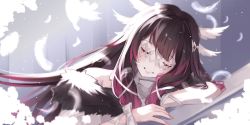 Rule 34 | 1girl, black hair, blush, bow, closed eyes, coat, columbina (genshin impact), eye mask, facing viewer, falling feathers, feathers, fur-trimmed coat, fur trim, genshin impact, grin, head rest, head wings, highres, long hair, multicolored hair, red hair, ribbon, riiseika, smile, solo, streaked hair, two-tone hair, upper body, white bow, white mask, wings, wrist ribbon