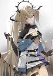 Rule 34 | 1girl, arknights, belt, black belt, black gloves, blonde hair, breasts, cleavage, cowboy shot, flower, gloves, grey background, hair between eyes, hand up, highres, holding, holding hair, indigo (arknights), infection monitor (arknights), long hair, medium breasts, parted lips, pointy ears, purple eyes, solo, standing, thigh strap, thighs, two side up, ufoliving, upper body, very long hair, white flower