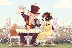 1boy 1girl alice_in_wonderland ascot back_bow black_bow black_footwear black_hat black_jacket black_pants bow brown_footwear brown_hair bug butterfly closed_eyes cloud club_(shape) commentary cup day diamond_(shape) dress flower footwear_bow full_body gloves grey_hair hair_bow half_updo hat heart hinata_(echoloveloli) holding holding_cup holding_teapot insect jacket long_sleeves mad_hatter_(alice_in_wonderland) mary_janes medium_hair monocle mouse_(animal) on_chair open_mouth original outdoors pants red_flower saucer shoes sitting smile spade_(shape) sparkle string_of_flags table teacup teapot top_hat white_ascot white_flower white_gloves yellow_bow yellow_dress