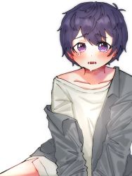 Rule 34 | 1boy, after the rain, bad id, bad pixiv id, black hair, blue eyes, blue hair, cum, cum in mouth, heart, heart-shaped pupils, jacket, legs, looking at viewer, male focus, niconico, no panties, no pants, open mouth, purple eyes, shirt, soraru, symbol-shaped pupils, t-shirt, utaite, white background