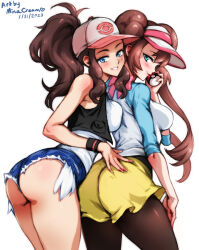 Rule 34 | 2girls, artist name, ass, baseball cap, behind another, blue eyes, blue shorts, breast press, breasts, brown hair, brown pantyhose, closed mouth, commentary, creatures (company), cropped vest, cutoffs, dated, denim, denim shorts, double bun, doughnut hair bun, english commentary, from side, game freak, grin, hair bun, hat, high ponytail, hilda (pokemon), holding, holding poke ball, large breasts, lips, long hair, looking at viewer, looking to the side, medium breasts, mina cream, multiple girls, nintendo, paid reward available, pantyhose, pink nails, poke ball, poke ball (basic), pokemon, pokemon bw, pokemon bw2, raglan sleeves, rosa (pokemon), short shorts, shorts, simple background, smile, teeth, thighs, twintails, vest, visor cap, white background, wristband, yellow shorts