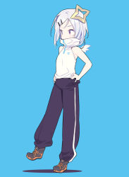 Rule 34 | 1girl, amane kanata, bare arms, bare shoulders, black footwear, black pants, blade (galaxist), blue background, blue hair, blush, bob cut, commentary request, covered mouth, full body, hair ornament, hairclip, halo, hands on own hips, high collar, hololive, looking away, looking to the side, mini wings, multicolored hair, pants, parted bangs, red eyes, shadow, shirt, shoes, silver hair, sleeveless, sleeveless shirt, solo, standing, standing on one leg, star halo, streaked hair, virtual youtuber, white shirt, white wings, wings