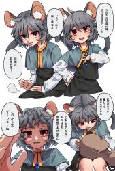 Rule 34 | 1boy, 1girl, absurdres, animal ears, faceless, faceless male, grey hair, grey skirt, highres, kusiyan, lap pillow, lap pillow invitation, long sleeves, looking at viewer, looking down, mouse (animal), mouse ears, mouse tail, nazrin, pov, red eyes, shirt, skirt, smile, speech bubble, tail, touhou, translation request, white background, white shirt