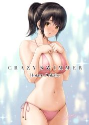 Rule 34 | 1girl, bikini, black hair, breasts, brown eyes, cleavage, collarbone, commentary request, cowboy shot, hands on own chest, large breasts, lioreo, long hair, looking at viewer, original, orikabe hotaru (lioreo), pink bikini, ponytail, side-tie bikini bottom, solo, swimsuit, white background