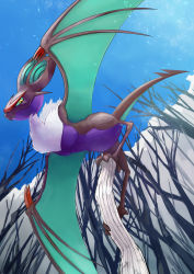 Rule 34 | absurdres, bare tree, closed mouth, colored sclera, commentary request, creatures (company), day, from below, game freak, gen 6 pokemon, green sclera, highres, huge filesize, nintendo, no humans, noivern, outdoors, pokemon, pokemon (creature), rikuya (0325shs), sky, solo, tree, white fur, yellow eyes