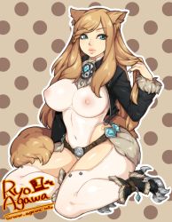 Rule 34 | 1girl, agawa ryou, animal ears, artist name, bad id, bad pixiv id, blue eyes, boots, breasts, brown background, brown hair, gigantic breasts, lips, long hair, navel, nipples, polka dot, polka dot background, solo, tail, thick thighs, thighs, watermark, web address