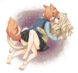 Rule 34 | 2girls, animal ears, arm behind head, barefoot, between legs, blonde hair, blue eyes, blush, brown eyes, cat ears, cat tail, couple, dog ears, dog tail, eye contact, feet, fuwayu, girl on top, hair ornament, hairclip, highres, intertwined tails, inutose, legs, long hair, looking at another, lying, multiple girls, open mouth, original, profile, red hair, school uniform, sweater, tail, vest, yuri