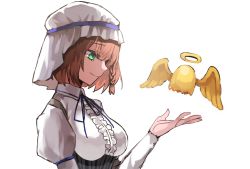 Rule 34 | 1girl, bonnet, braid, breasts, brown hair, charlotte corday (fate), charlotte corday (second ascension) (fate), fate/grand order, fate (series), green eyes, halo, highres, juliet sleeves, long sleeves, profile, puffy sleeves, white background, wings