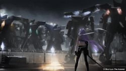 Rule 34 | 1girl, artist request, barbed wire, black gloves, blue hair, commentary request, concept art, crop top, dumpster, fence, fingerless gloves, floating hair, from behind, gloves, highres, muv-luv: dimensions, katana, mecha, mitsurugi meiya, muv-luv, muv-luv alternative, official art, ponytail, robot, standing, sword, tactical surface fighter, weapon