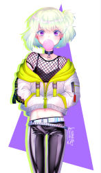 Rule 34 | 1boy, blush, blowing bubbles, chewing gum, earrings, fishnet top, fishnets, green hair, hands in pockets, highres, jacket, jewelry, kisekisaki, leather, leather pants, lio fotia, looking at viewer, male focus, midriff, pants, promare, purple eyes, side ponytail, solo, trap, white jacket
