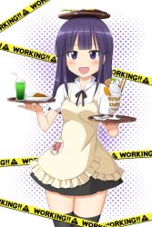 Rule 34 | 1girl, :d, apron, black hair, black thighhighs, blue eyes, blush, copyright name, curry, dual wielding, food, halftone, halftone background, highres, hime cut, holding, ice cream, long hair, object on head, open mouth, purple eyes, purple hair, skirt, smile, solo, sundae, thighhighs, tray, triple wielding, tsunaso (lack of sunlight), working!!, yamada aoi